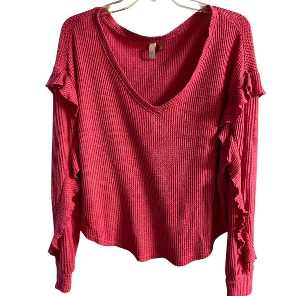 Pilcro V-Neck Ruffle Sleeve Top - pink Medium